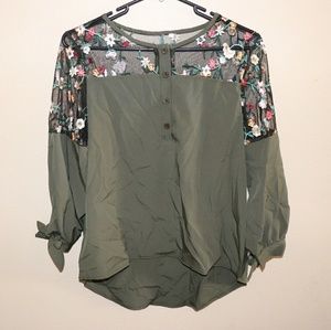 Embroidered Lace Panel Dip Hem Tie Cuff Blouse